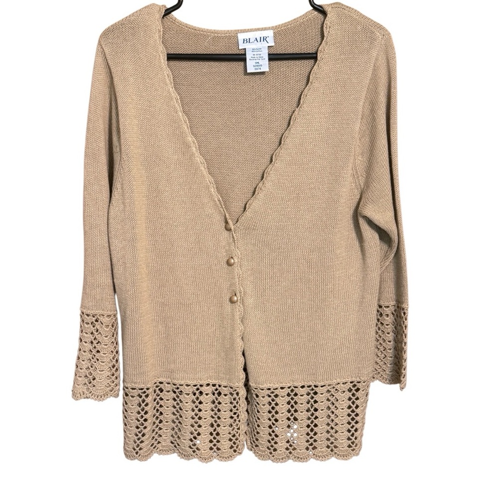 Blair Cardigan Sweater Womens Small Tan Ramie Cotton Knit Lace Hem Button Front